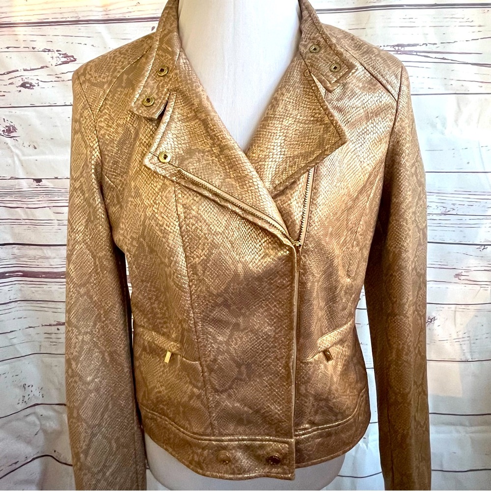 Anne Klein metallic vegan leather moto jacket gold size small